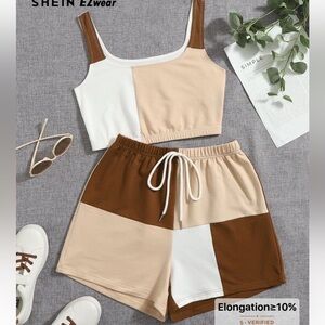 SHEIN Color Block Top and Shorts Set - White, Brown, Tan